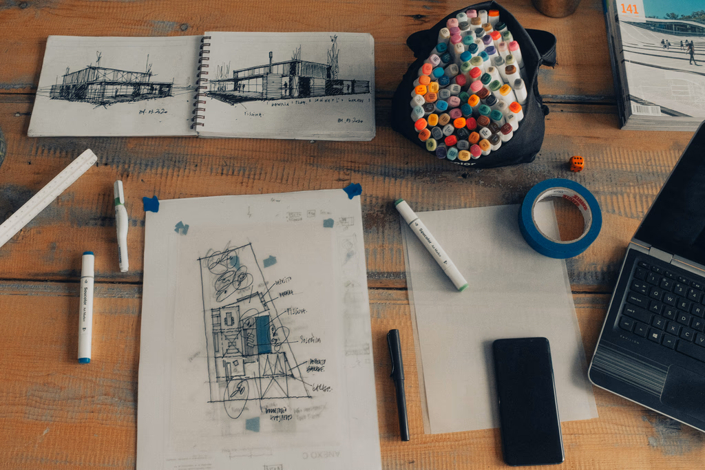 Workspace with design sketches and planning materials